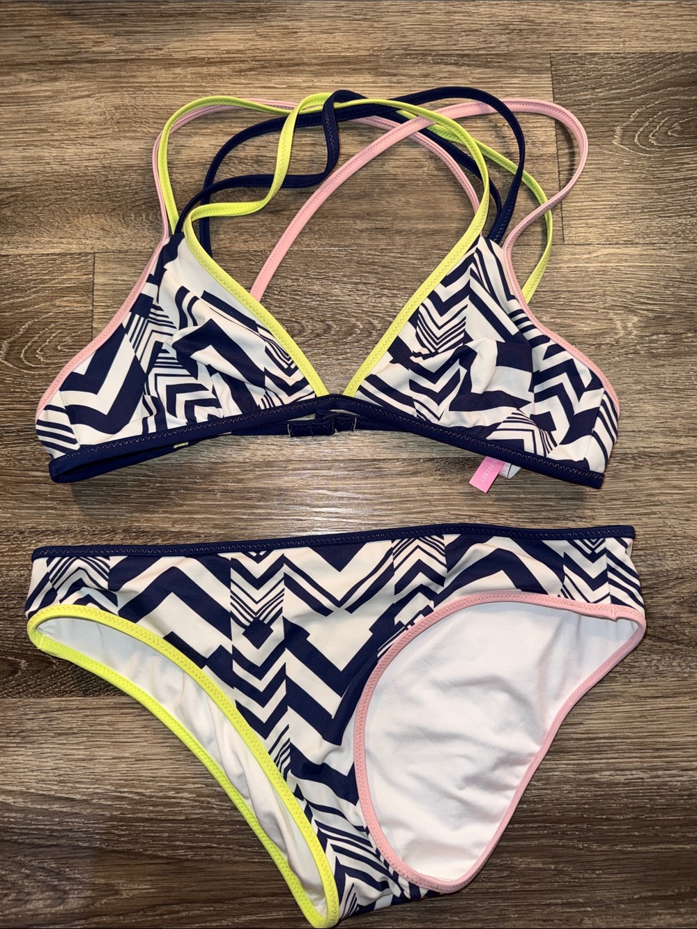 Victoria's Secret Navy Chevron Bikini with Pink and Neon Yellow Trim